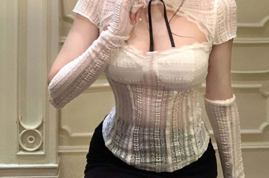 Crew Neck Lace Cutout Crop Top with Arm Warmers