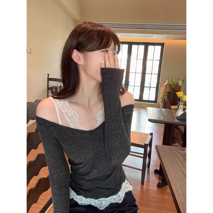 Mock Layered Lace Insert Fitted Long-Sleeve Top
