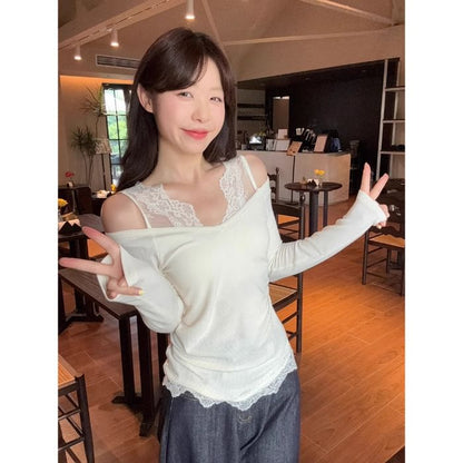 Mock Layered Lace Insert Fitted Long-Sleeve Top