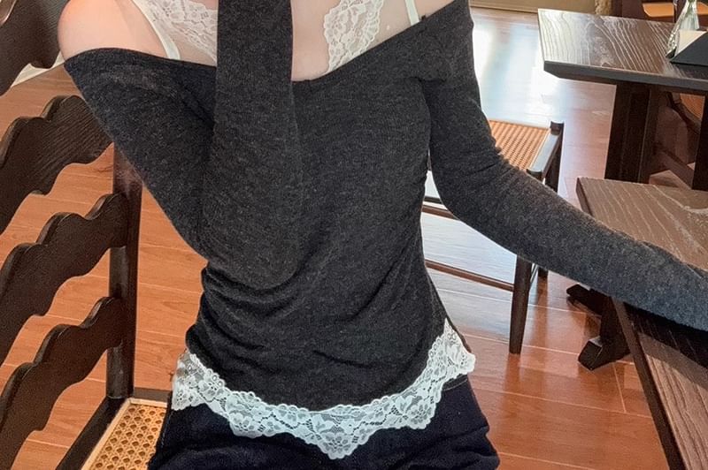 Mock Layered Lace Insert Fitted Long-Sleeve Top