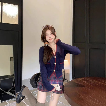 Contrast Trim Cable-Knit Cardigan / Plaid Pleated Mini Skirt