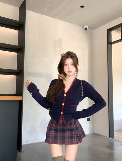 Contrast Trim Cable-Knit Cardigan / Plaid Pleated Mini Skirt