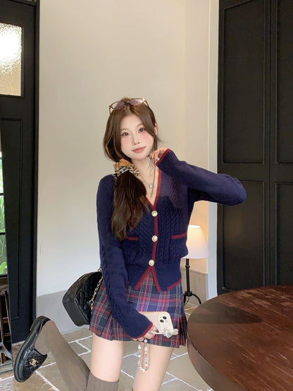 Contrast Trim Cable-Knit Cardigan / Plaid Pleated Mini Skirt