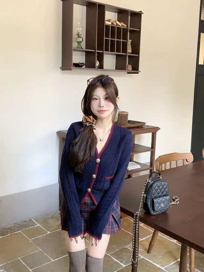 Contrast Trim Cable-Knit Cardigan / Plaid Pleated Mini Skirt