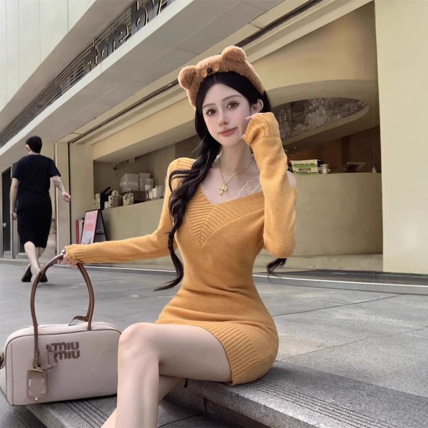 Off-Shoulder Knit Sheath Dress and Lace Tank Duo