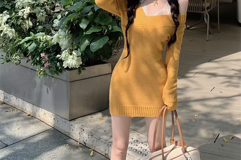 Off-Shoulder Knit Sheath Dress and Lace Tank Duo
