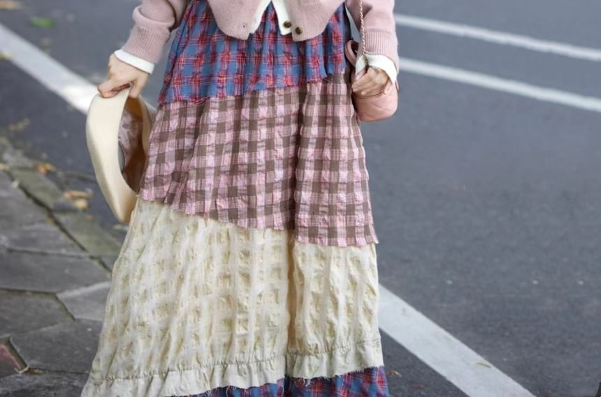 Plaid Patchwork Maxi Skirt / Two Tone Cardigan Set
