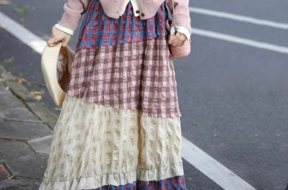 Plaid Patchwork Maxi Skirt / Two Tone Cardigan Set