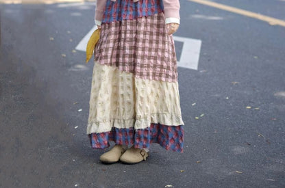 Plaid Patchwork Maxi Skirt / Two Tone Cardigan Set