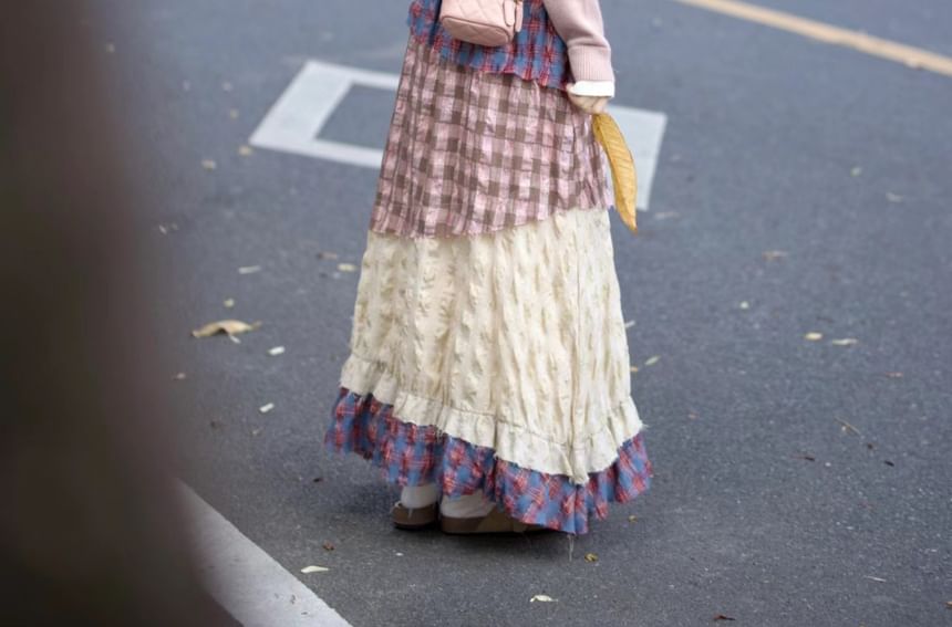 Plaid Patchwork Maxi Skirt / Two Tone Cardigan Set