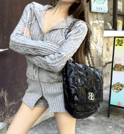 Cable-Knit Hooded Zip Cardigan / Hot Pants Set