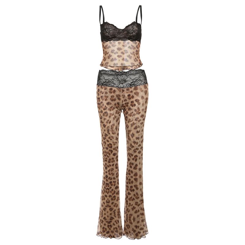Leopard Lace Crop Cami and Low-Rise Pants Set
