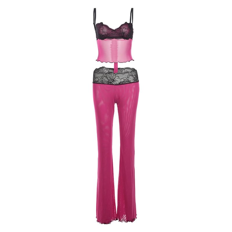 Leopard Lace Crop Cami and Low-Rise Pants Set
