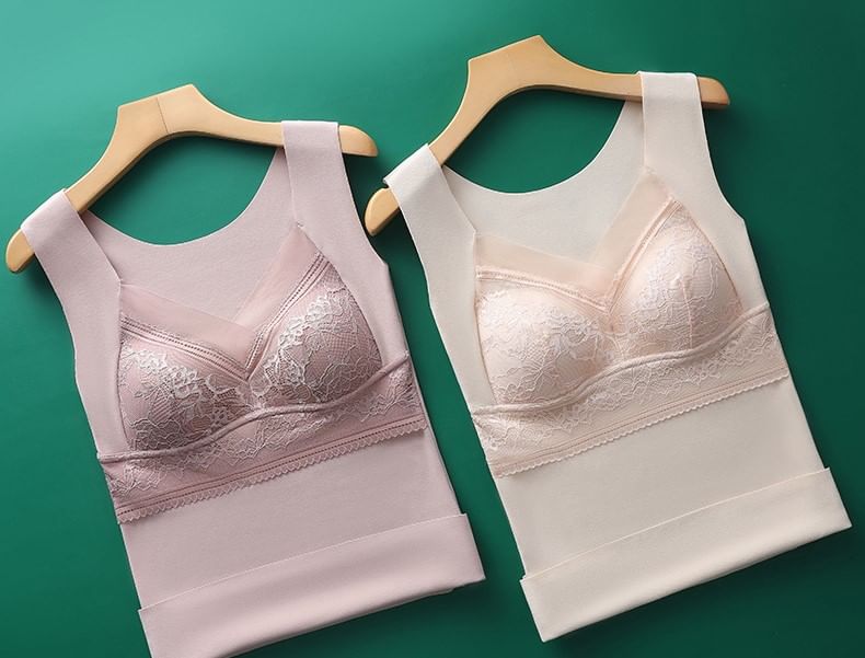 Padded V-Neck Lace Panel Tank