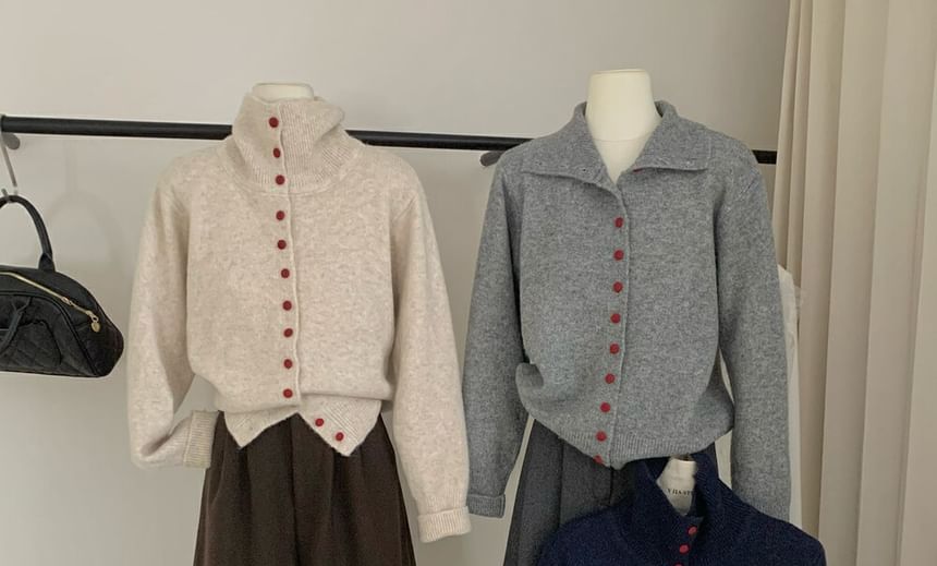 Turtleneck Plain Button-Up Cardigan