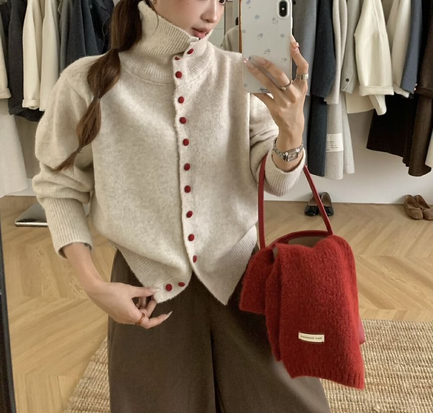 Turtleneck Plain Button-Up Cardigan
