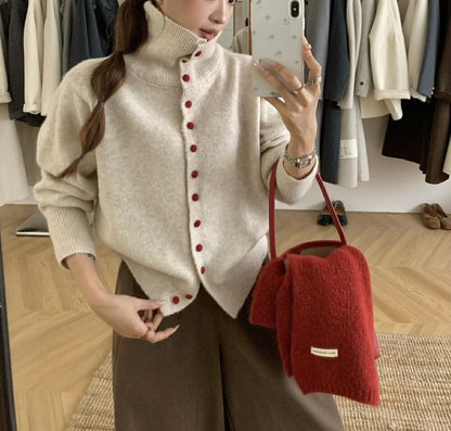 Turtleneck Plain Button-Up Cardigan