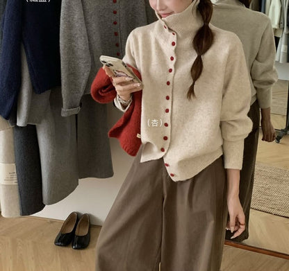 Turtleneck Plain Button-Up Cardigan