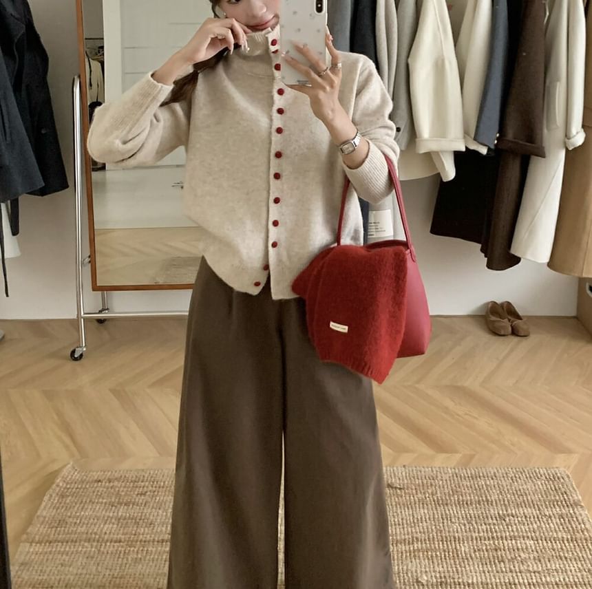 Turtleneck Plain Button-Up Cardigan