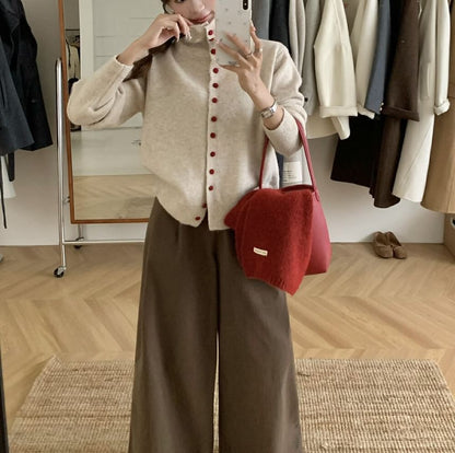 Turtleneck Plain Button-Up Cardigan
