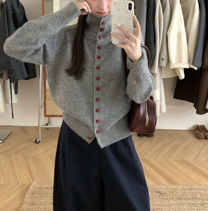 Turtleneck Plain Button-Up Cardigan