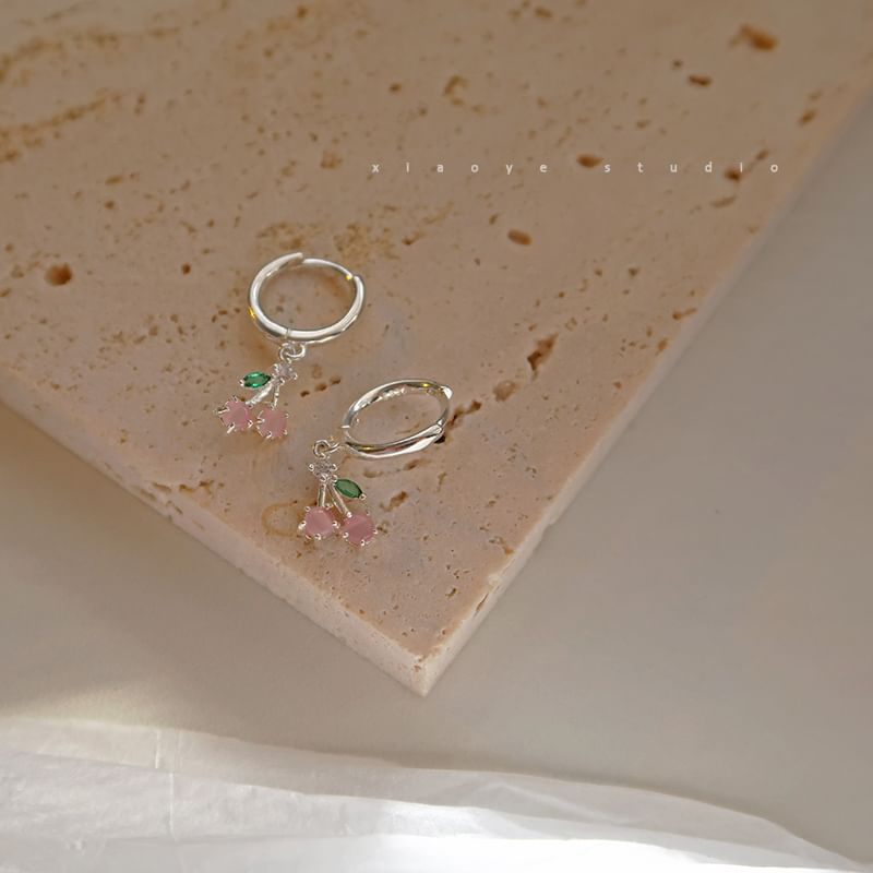 Earring Cherry Silver Sterling 925 Rhinestone Hoop Drop