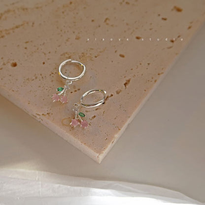Earring Cherry Silver Sterling 925 Rhinestone Hoop Drop