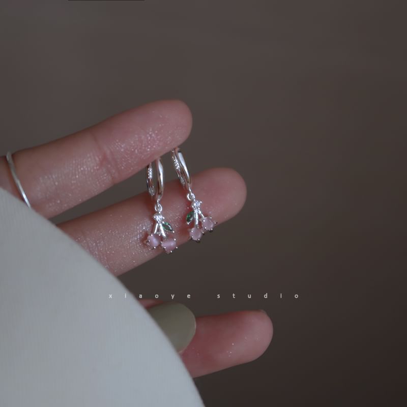 Earring Cherry Silver Sterling 925 Rhinestone Hoop Drop