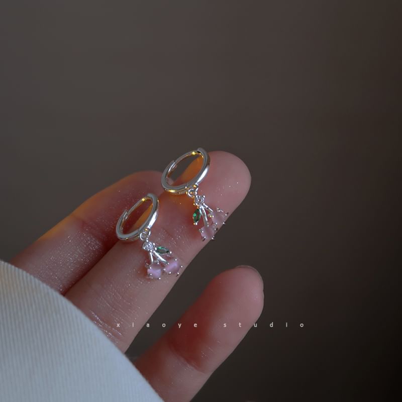 Earring Cherry Silver Sterling 925 Rhinestone Hoop Drop