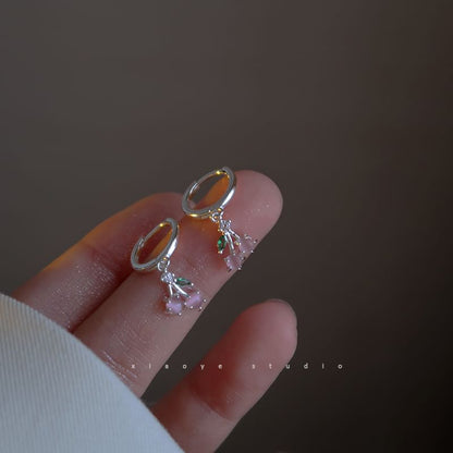 Earring Cherry Silver Sterling 925 Rhinestone Hoop Drop
