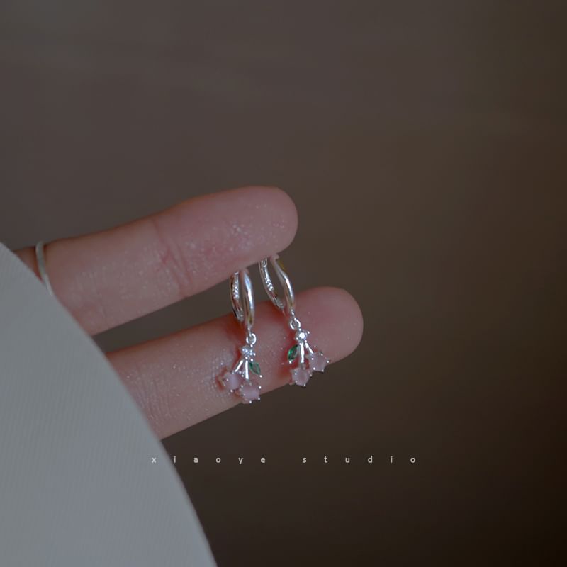 Earring Cherry Silver Sterling 925 Rhinestone Hoop Drop