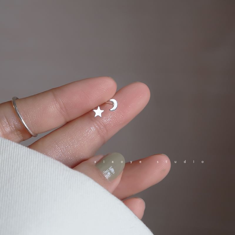 Asymmetrical Star Earring Silver 925 Stud Crescent Sterling