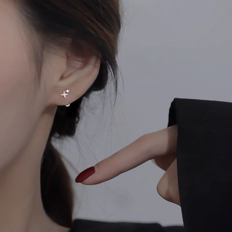 Barbell Star 925 Silver Sterling Earring Rhinestone