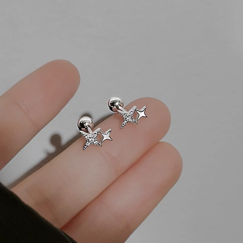 Barbell Star 925 Silver Sterling Earring Rhinestone