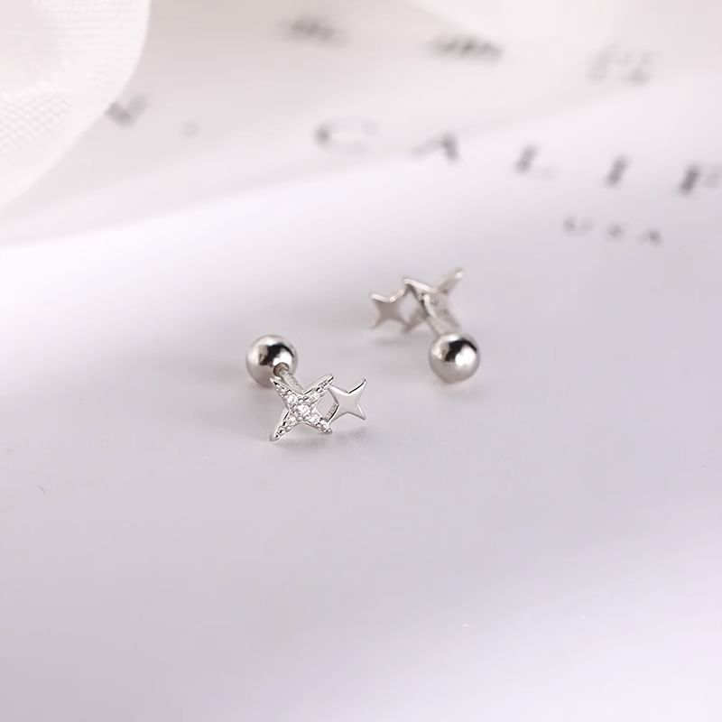 Barbell Star 925 Silver Sterling Earring Rhinestone