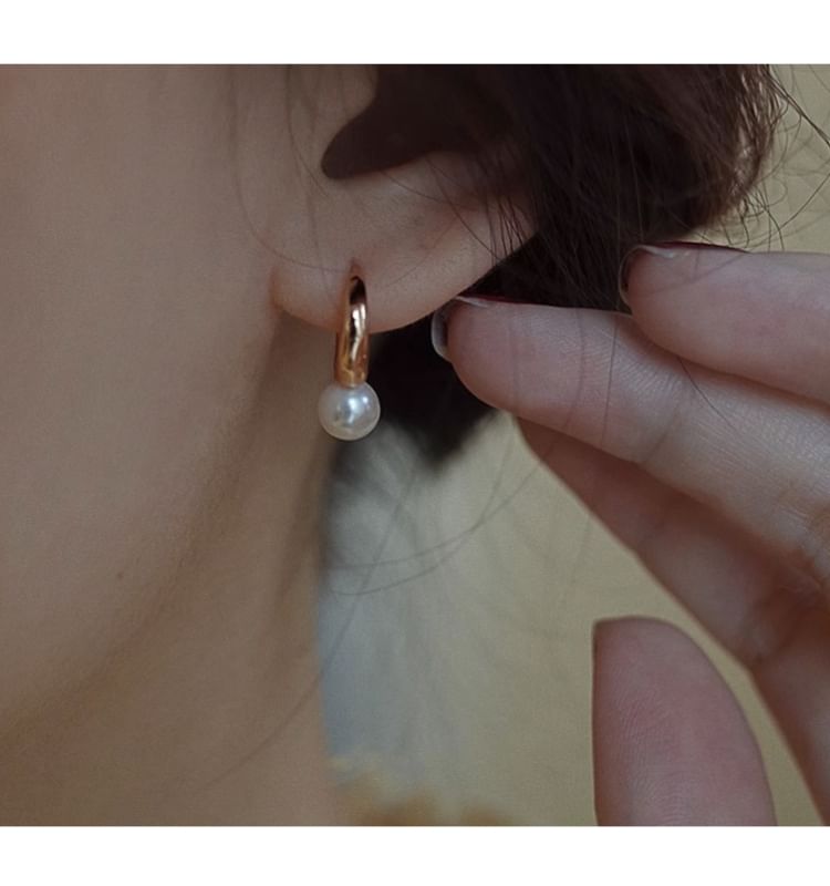 Hoop Faux Silver 925 Sterling Pearl Earring