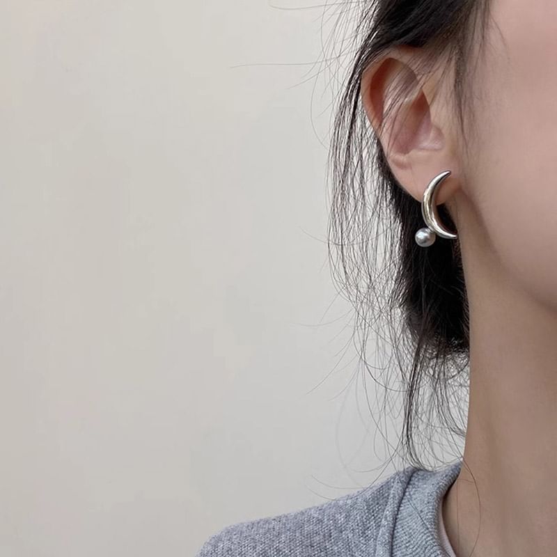 925 Earring Stud Faux Pearl Crescent Silver Sterling