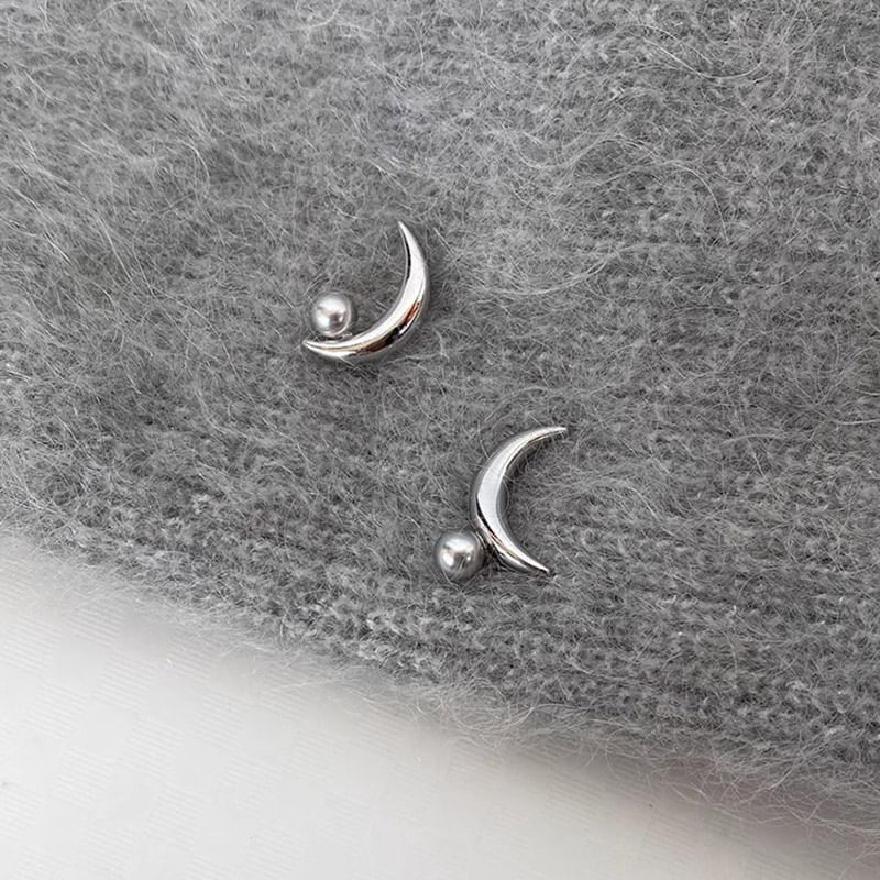 925 Earring Stud Faux Pearl Crescent Silver Sterling