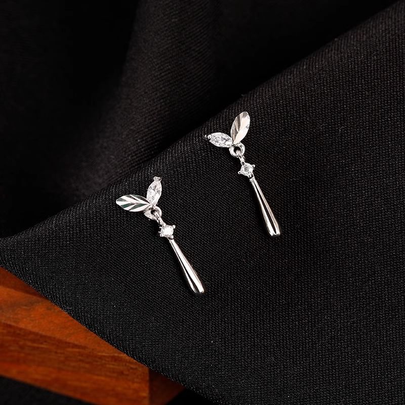 Sterling Rhinestone 925 Silver Drop Leaf Earring