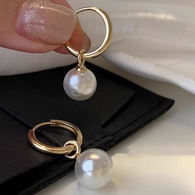 925 Drop Hoop Pearl Faux Silver Earring Sterling