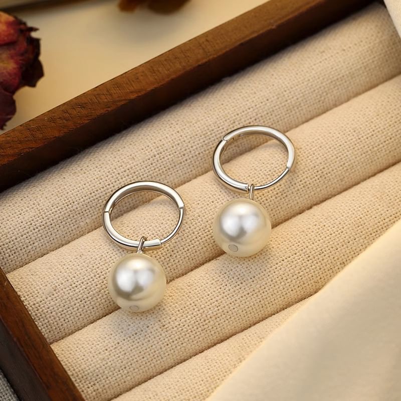 925 Drop Hoop Pearl Faux Silver Earring Sterling