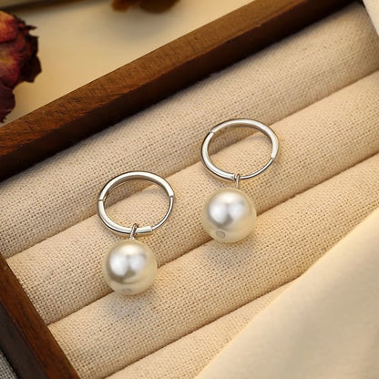 925 Drop Hoop Pearl Faux Silver Earring Sterling