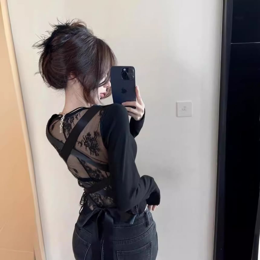 V-Neck Tie Back Lace Panel Long-Sleeve Top