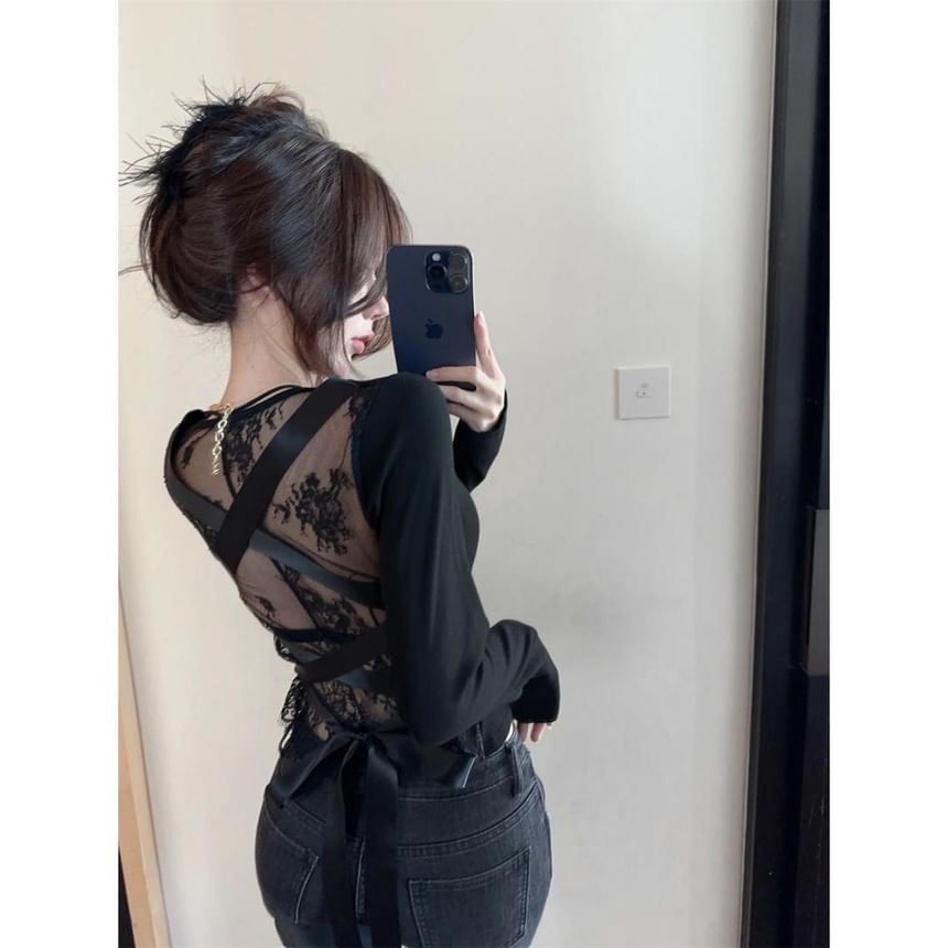 V-Neck Tie Back Lace Panel Long-Sleeve Top
