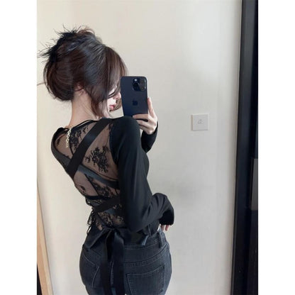 V-Neck Tie Back Lace Panel Long-Sleeve Top