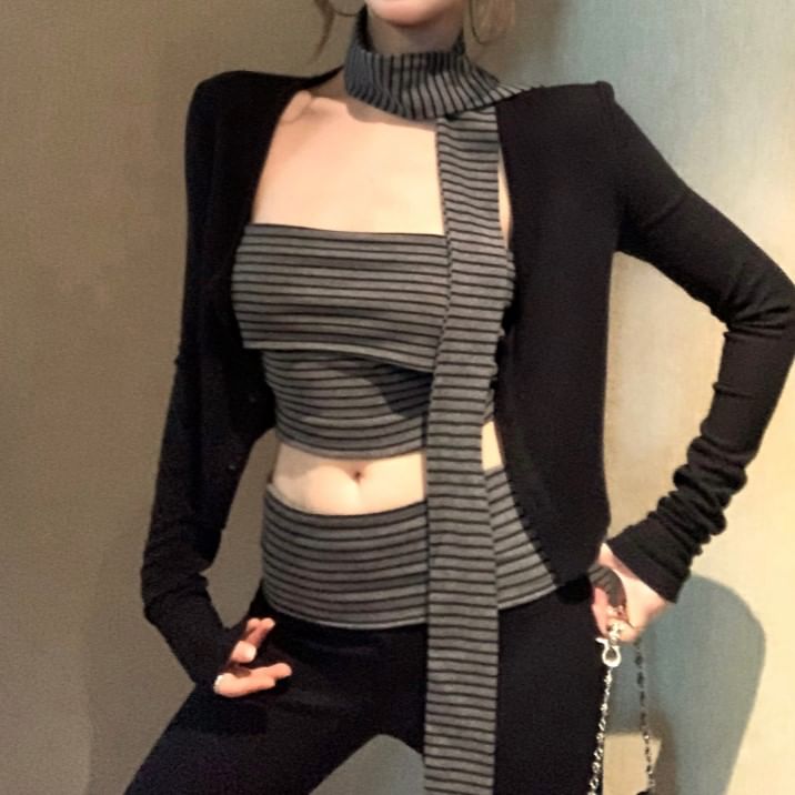 Striped Crop Tube Top / Scarf / Flared Pants / Cardigan Set