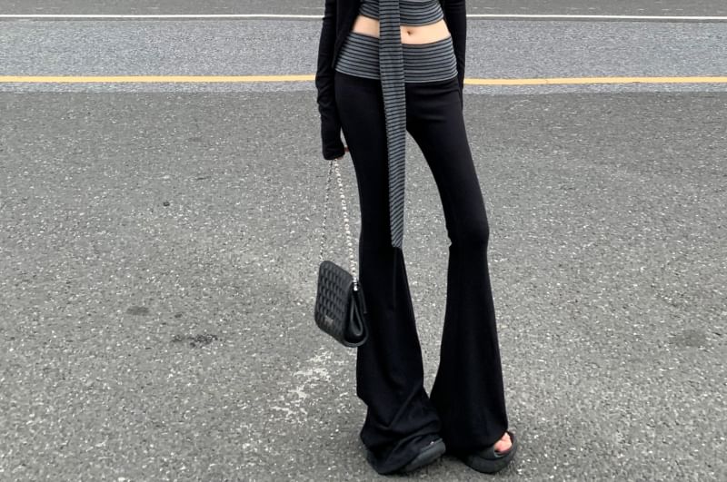 Striped Crop Tube Top / Scarf / Flared Pants / Cardigan Set