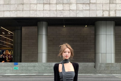Striped Crop Tube Top / Scarf / Flared Pants / Cardigan Set