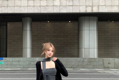 Striped Crop Tube Top / Scarf / Flared Pants / Cardigan Set