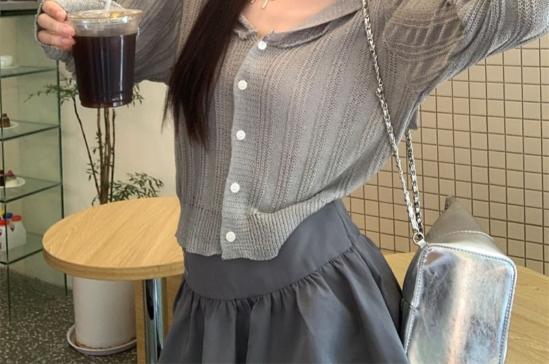 Collared Plain Cropped Cardigan